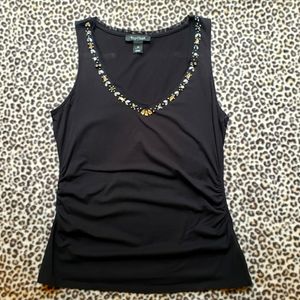 WHBM Black V-Neck Shell Tank with Silver & Gold Rhinestone Jewels, Size MED, GUC